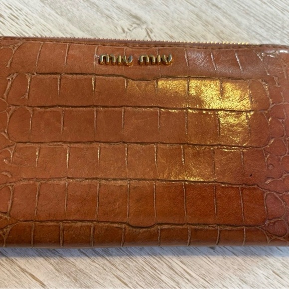 Miu Miu Handbags - Miu Miu Tan Croc-Embossed Leather Wallet